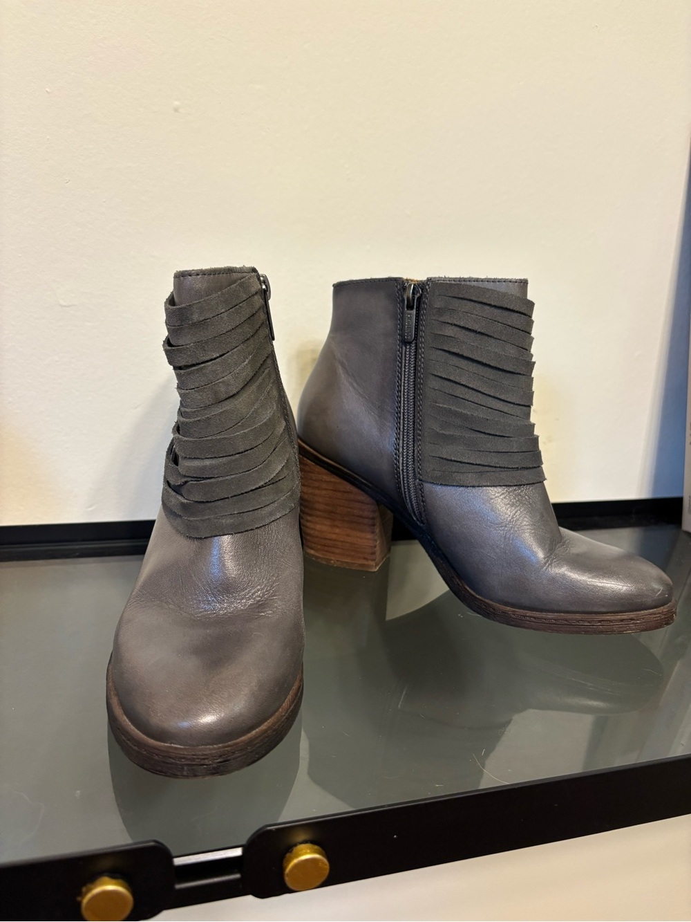 PIKOLINOS Charcoal Gray Leather Ankle Booties with Layered Front Straps